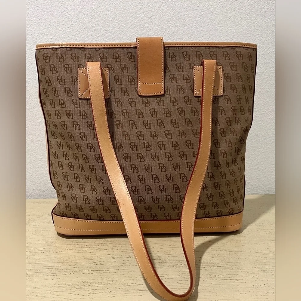 Vintage Dooney & Bourke Signature Logo Canvas Shopper With Leather Trim  EUC